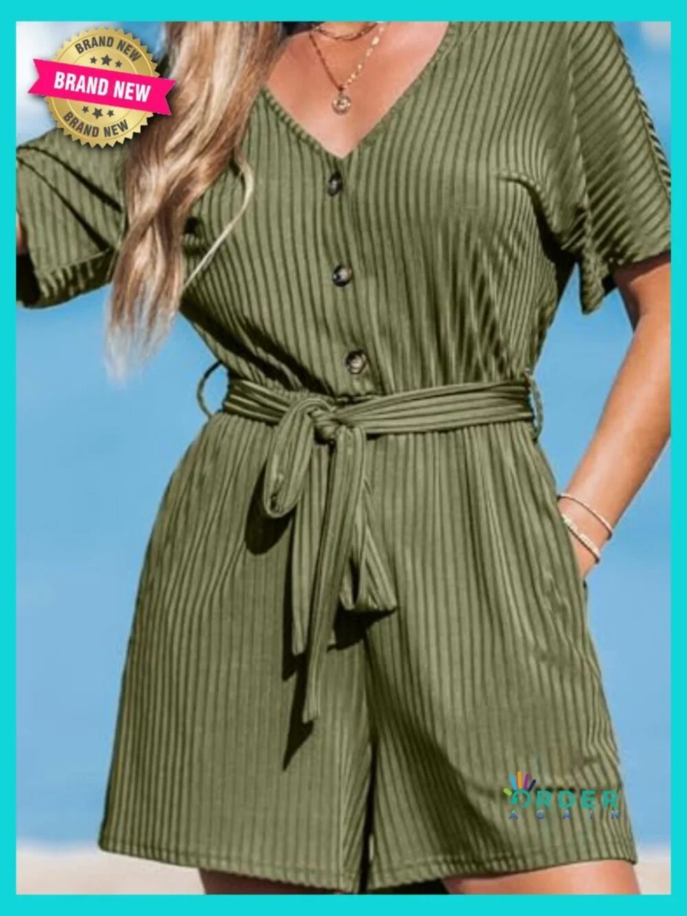 Ribbed V-Neck Romper Short Sleeve Casual Dressy Jumpsuit with Waist Tie